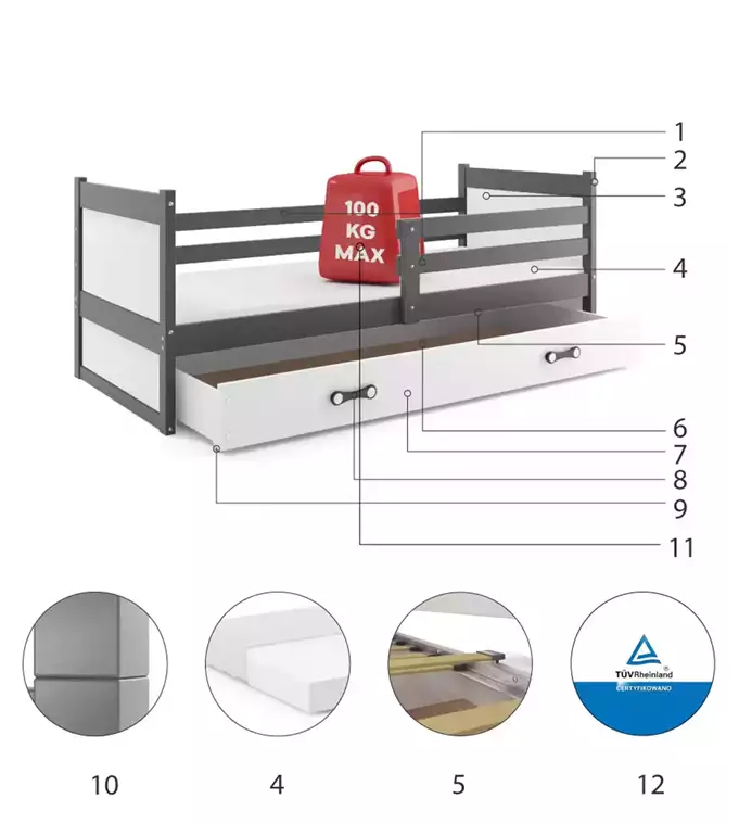 RICO single youth bed 90x200 with mattress and drawer, graphite/white - Image 6