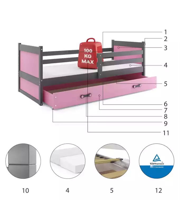 RICO single youth bed 90x200 with mattress and drawer, graphite/pink - Image 6
