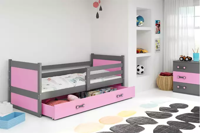 RICO single youth bed 90x200 with mattress and drawer, graphite/pink - Image 3