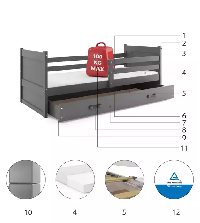 RICO single youth bed 90x200 with drawer, graphite color - Image 6