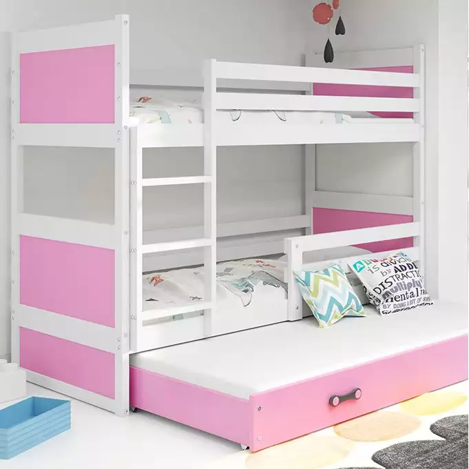 RICO 90X190 three-person youth bed with mattress and drawer, white/pink