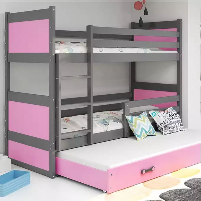 RICO 90X190 triple youth bed with mattress and drawer, graphite/pink