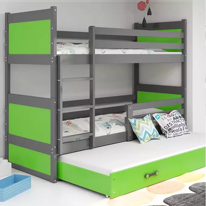 RICO 90X190 triple youth bed with mattress and drawer, graphite/green