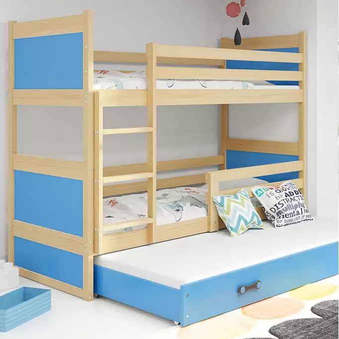 RICO 90X190 triple youth bed with mattress and drawer, pine/blue