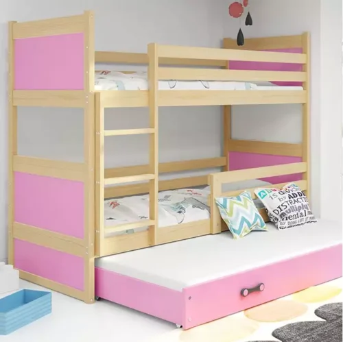 RICO 90X190 three-person youth bed with drawer, pine/pink