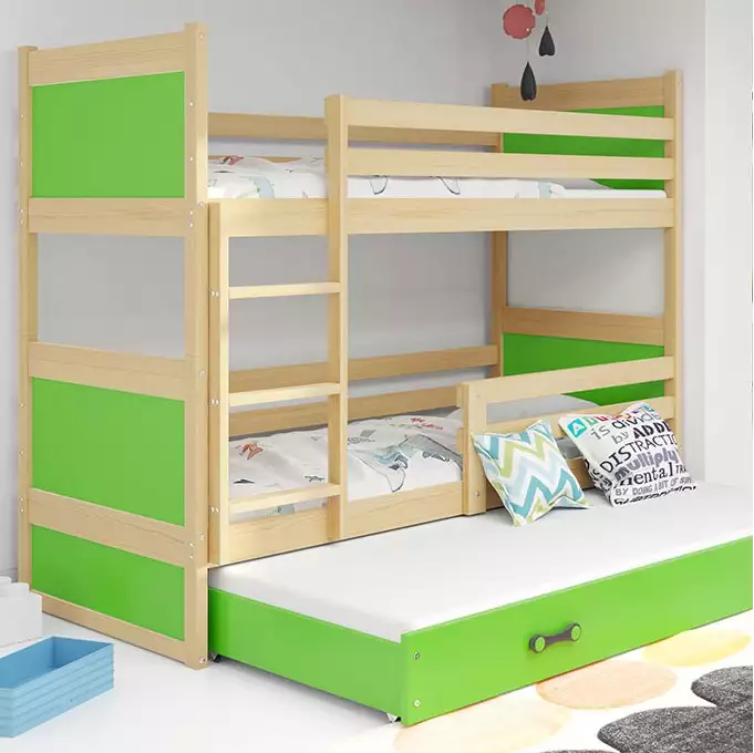 RICO 90X190 three-person youth bed with mattress and drawer, pine/green