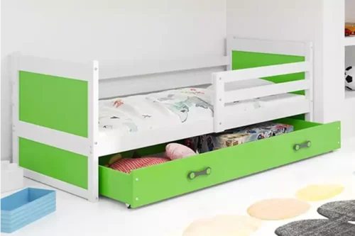 RICO single youth bed 90×200 with mattress and drawer, white/green