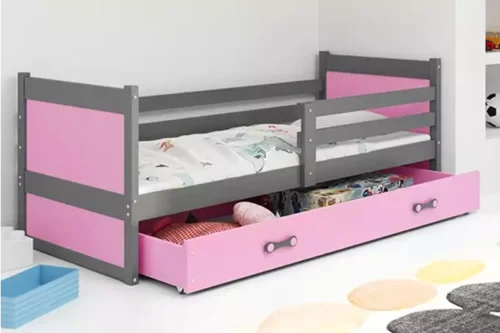 RICO single youth bed 90×200 with mattress and drawer, graphite/pink