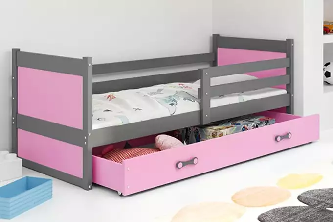RICO single youth bed 90x190 with drawer, graphite/pink