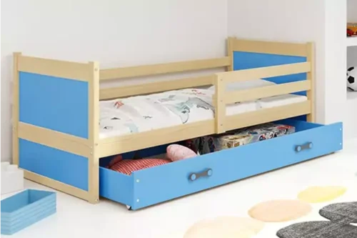 RICO single youth bed 90×200 with mattress and drawer, pine/blue