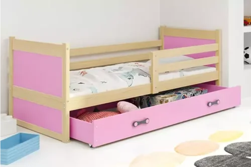 RICO single youth bed 90×200 with mattress and drawer, pine/pink
