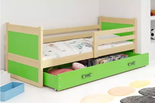 RICO single youth bed 80×190 with mattress and drawer, pine/green