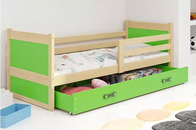 RICO single youth bed 90x200 with mattress and drawer, pine/green