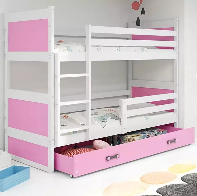 RICO youth bunk bed 90x190 with drawer, white/pink