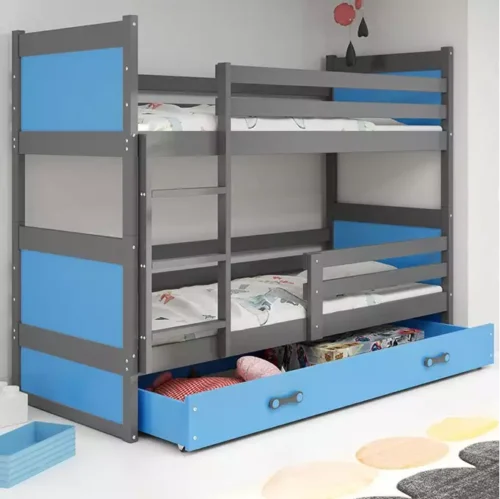 RICO 90X200 youth bunk bed with mattress and drawer, graphite/blue