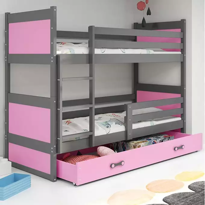 RICO youth bunk bed 90x190 with drawer, graphite/pink