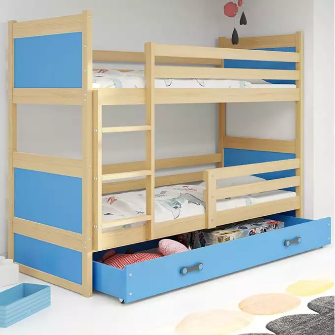 RICO youth bunk bed 90x190 with mattress and drawer, pine/blue