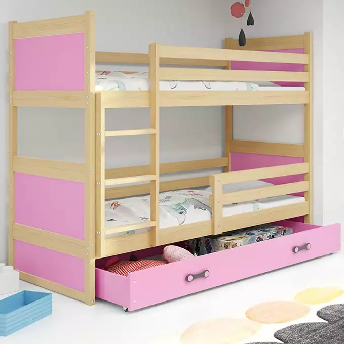 RICO youth bunk bed 90x190 with mattress and drawer, pine/pink