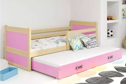 RICO 90×200 youth pull-out bed with drawer, pine/pink