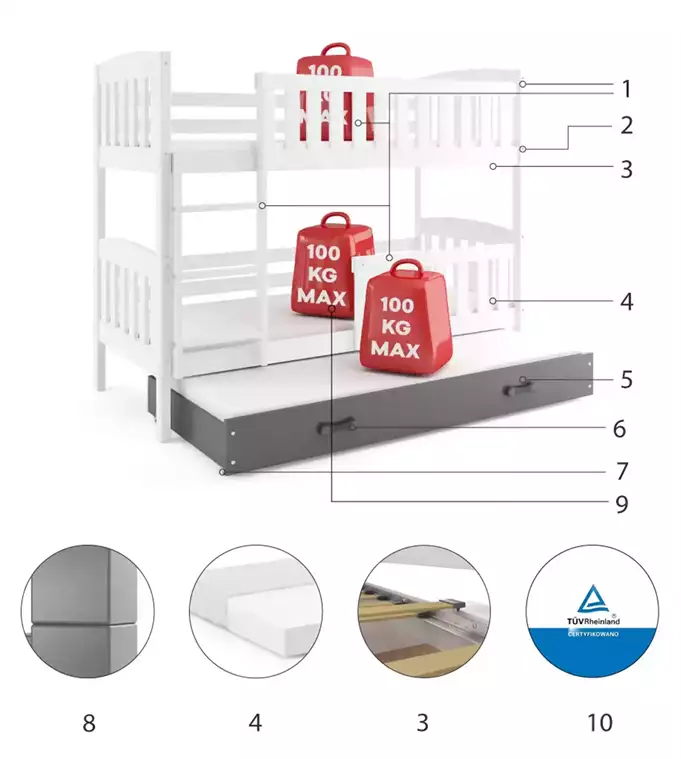 KUBUŚ 90X200 three-person youth bed with mattress and drawer, white/graphite color - Image 6