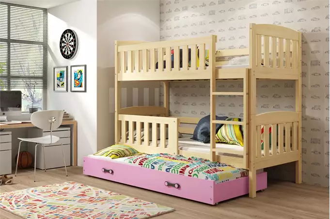 KUBUŚ 3-person youth bed 90x200 with mattress and drawer, pine/pink - Image 3