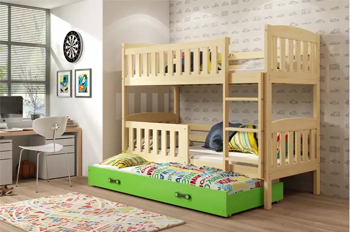 KUBUŚ 3-person youth bed 90x200 with mattress and drawer, pine/green - Image 3