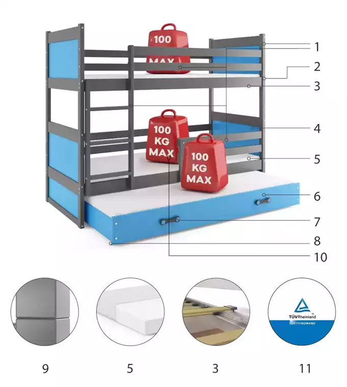 RICO 90X190 triple youth bed with mattress and drawer, graphite/blue - Image 6
