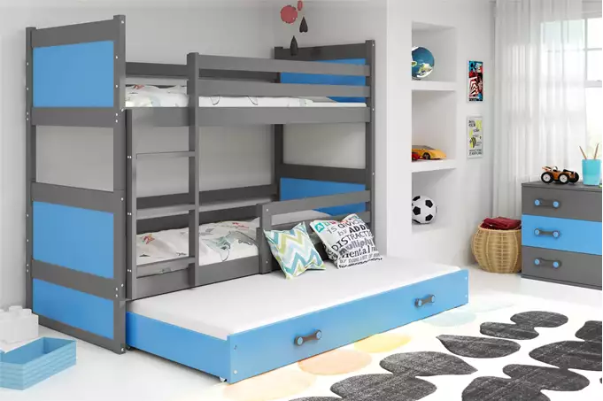 RICO 90X190 triple youth bed with mattress and drawer, graphite/blue - Image 3