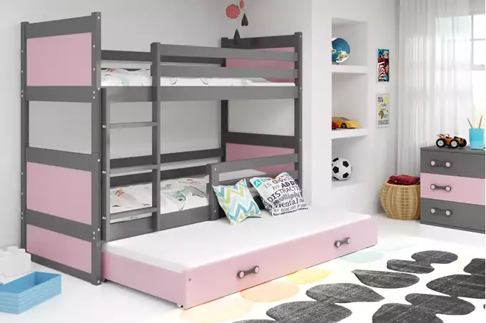 RICO 90X190 triple youth bed with mattress and drawer, graphite/pink - Image 3