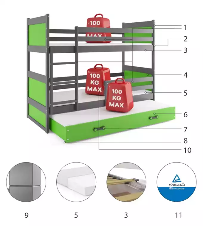 RICO 90X190 triple youth bed with mattress and drawer, graphite/green - Image 6