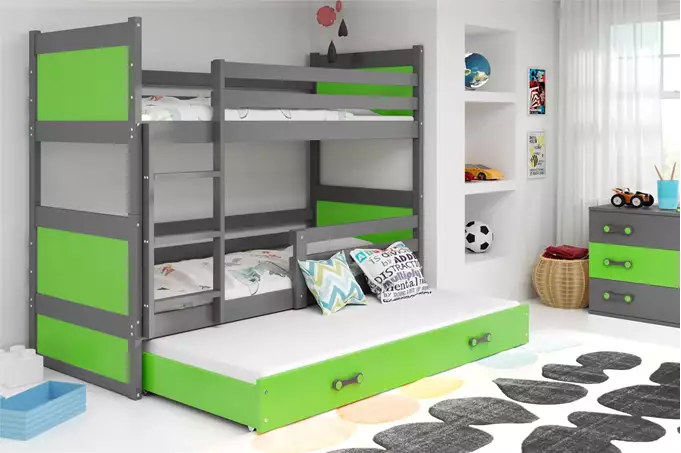 RICO 90X190 triple youth bed with mattress and drawer, graphite/green - Image 3