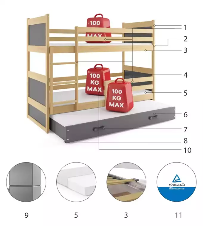 RICO 90X190 three-person youth bed with mattress and drawer, pine/graphite - Image 6