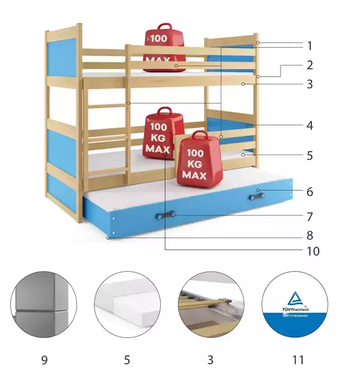 RICO 90X190 triple youth bed with mattress and drawer, pine/blue - Image 6