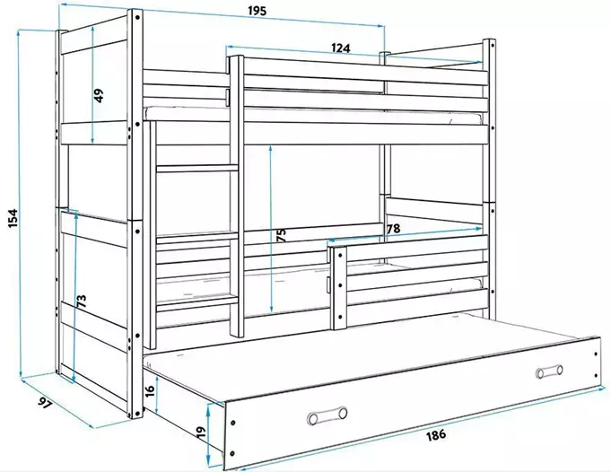 RICO 90X190 three-person youth bed with drawer, pine/blue - Image 5