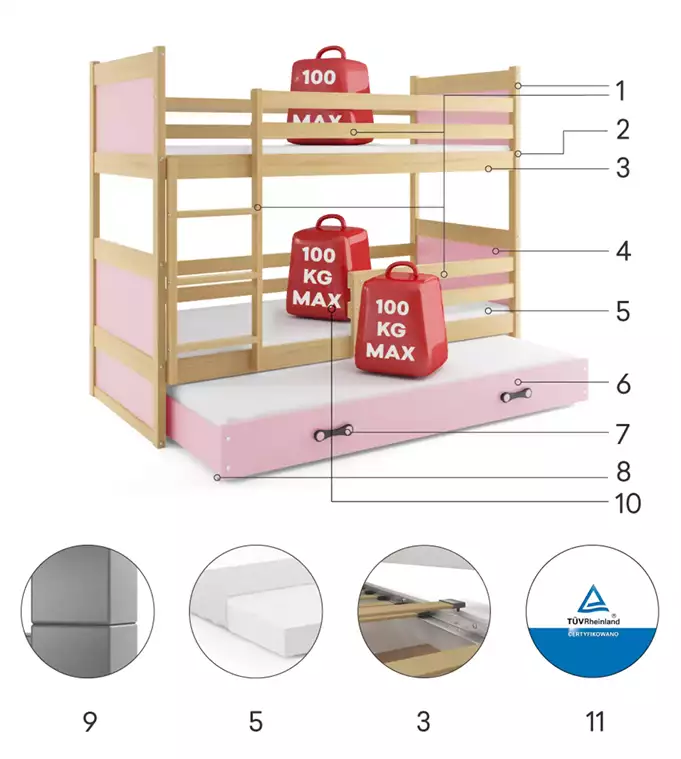 RICO 90X190 three-person youth bed with drawer, pine/pink - Image 6