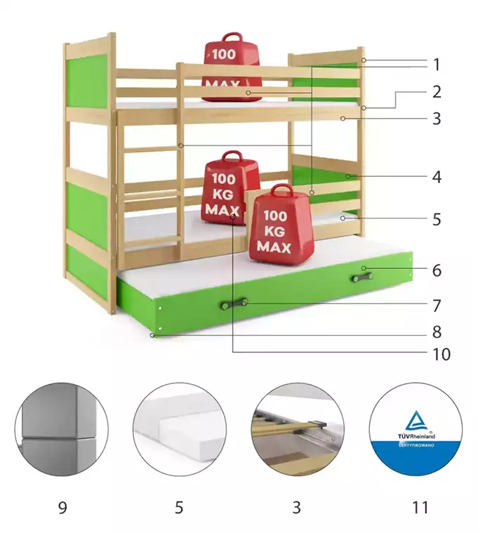 RICO 90X190 three-person youth bed with drawer, pine/green - Image 6