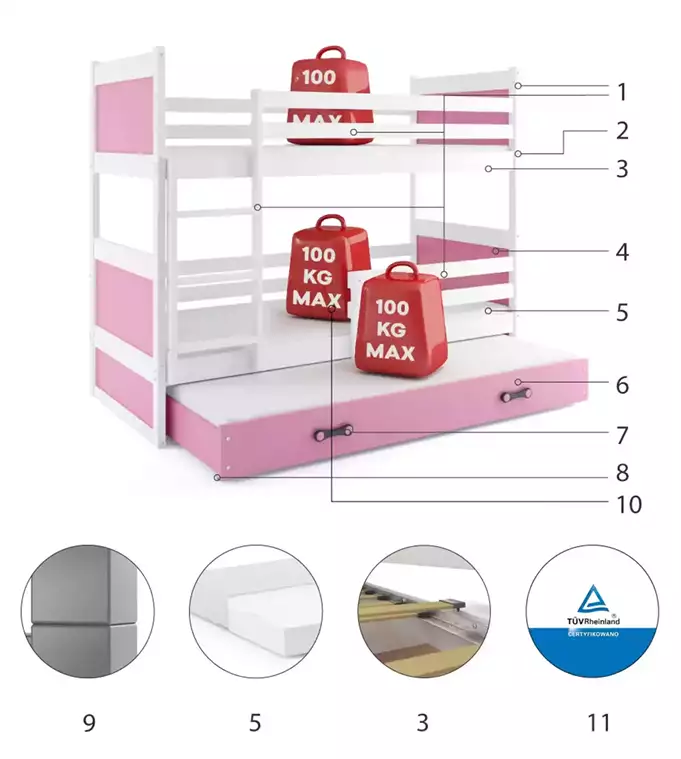 RICO 90X200 three-person youth bed with mattress and drawer, white/pink - Image 6