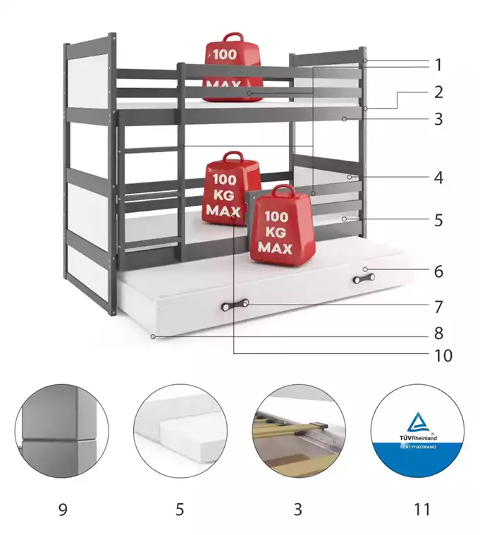 RICO 90X200 three-person youth bed with mattress and drawer, graphite/white - Image 6