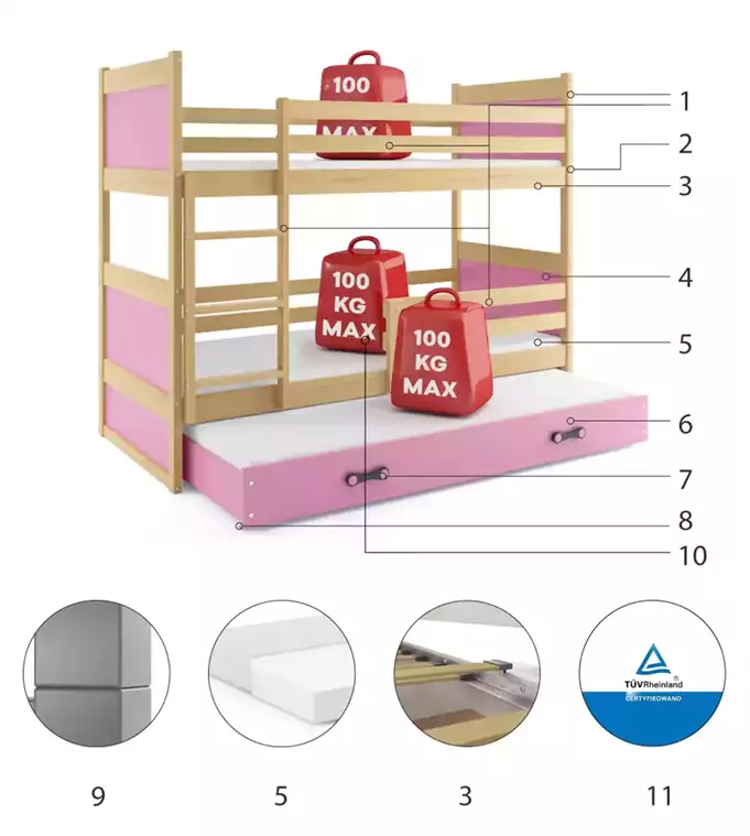 RICO 90X200 three-person youth bed with mattress and drawer, pine/pink - Image 6