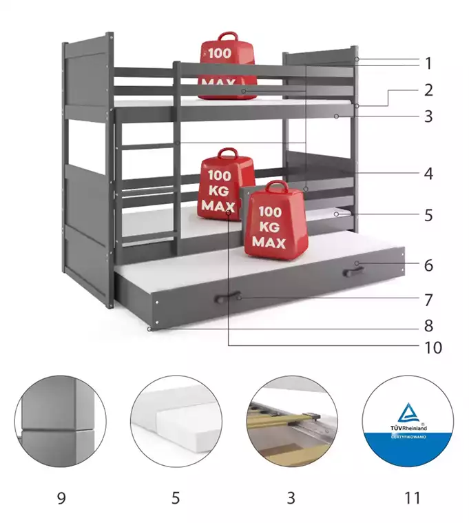 RICO 90X200 three-person youth bed with drawer, graphite color - Image 6
