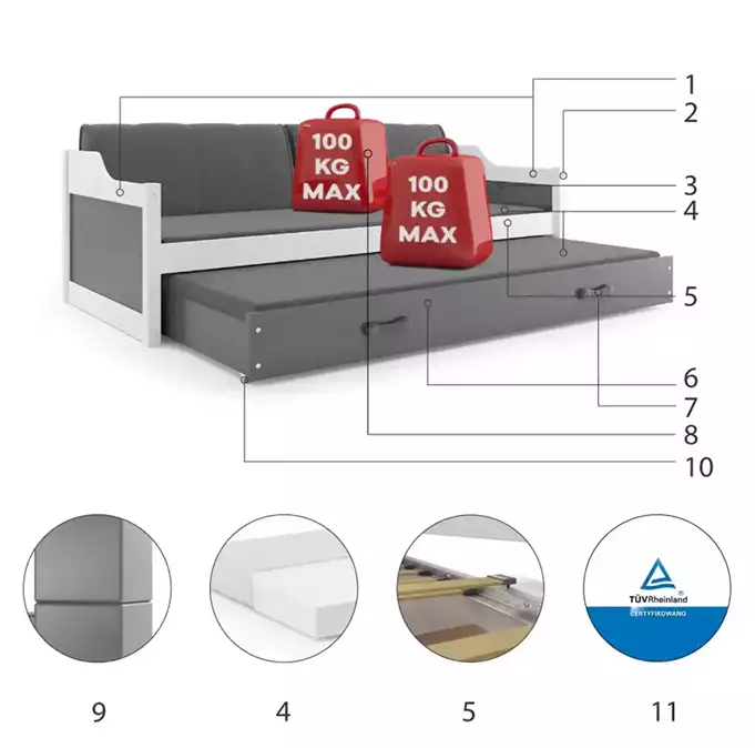 DAWID 90X200 youth folding bed with mattress and drawer, white/graphite - Image 6