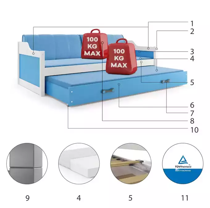 DAWID 90X200 youth folding bed with mattress and drawer, white/blue - Image 6