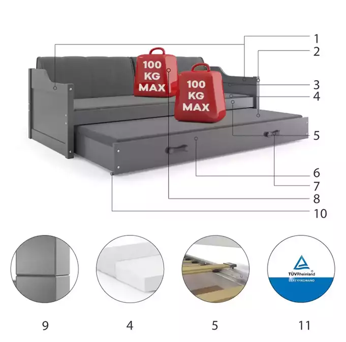 DAWID 90X200 youth folding bed with mattress and drawer, graphite color - Image 6