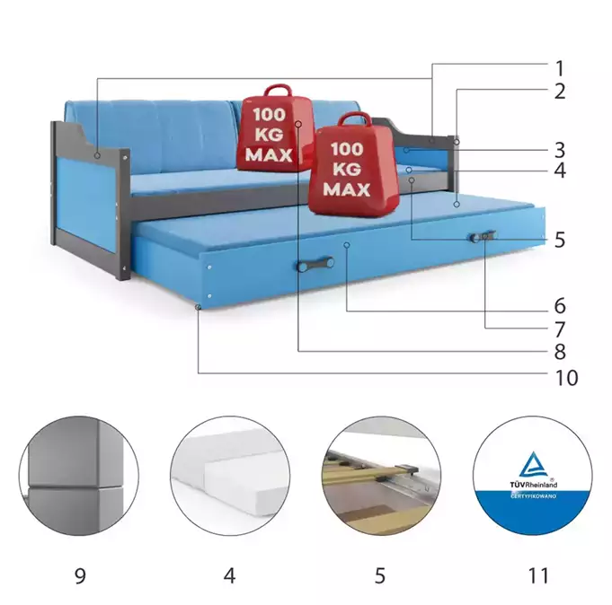 DAWID 90X200 youth folding bed with mattress and drawer, graphite/blue - Image 6