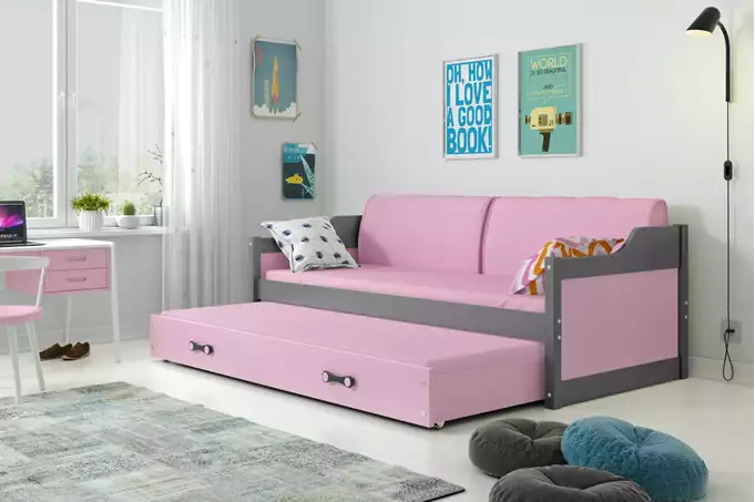 DAWID 90X200 youth folding bed with mattress and drawer, graphite/pink - Image 4
