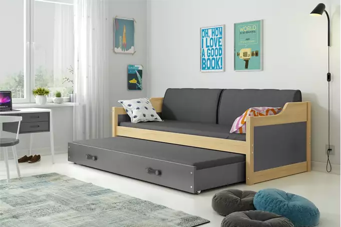 DAWID 90X200 youth folding bed with mattress and drawer, pine/graphite - Image 4