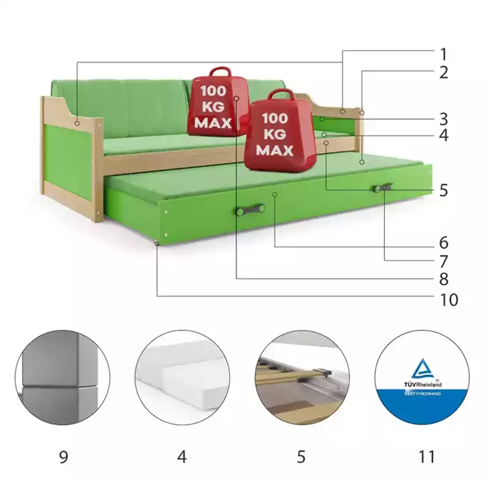 DAWID 90X200 youth folding bed with mattress and drawer, pine/green - Image 6