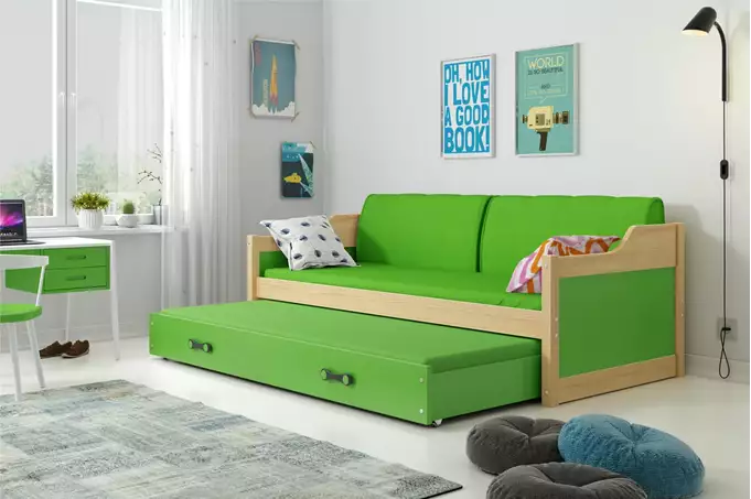DAWID 90X200 youth folding bed with mattress and drawer, pine/green - Image 4