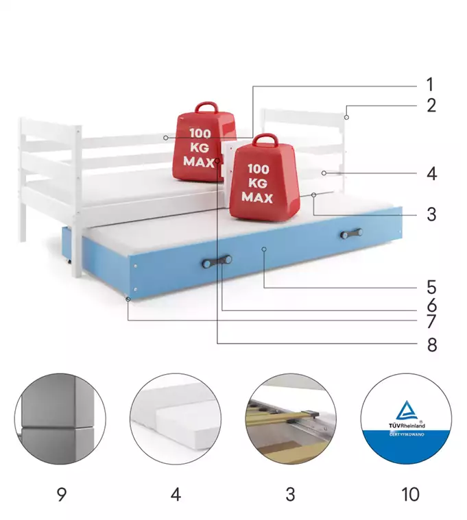 ERYK 80X190 youth folding bed with mattress and drawer, white/blue - Image 5