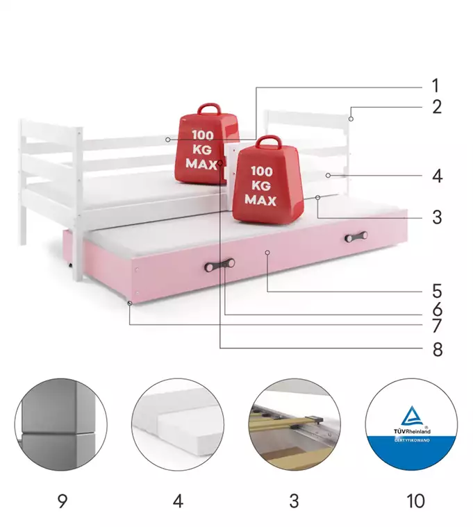 ERYK 80X190 youth folding bed with mattress and drawer, white/pink - Image 5